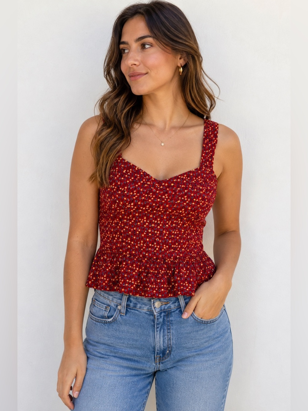 👉 “Cute Red Floral Peplum Top Size S Summer Outfit”
